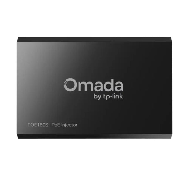 Omada POE150S Gigabit PoE Injector shown from an isometric view, highlighting its compact black housing and power indicator LED.
