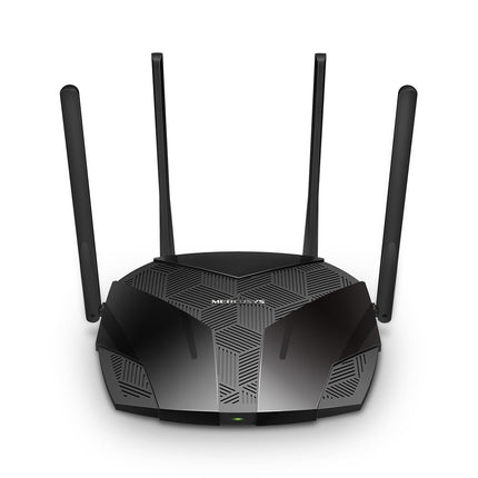 Mercusys MR70X AX1800 dual-band Wi-Fi 6 router showing its aggressive black geometric chassis design and four high-gain external antennas.