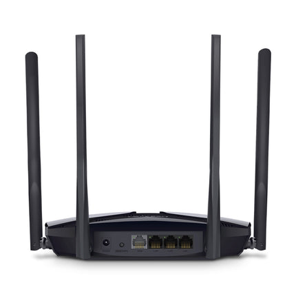 Angled close-up shot of the Mercusys MR70X highlighting the textured matte-black surface and four adjustable multi-directional signal antennas.