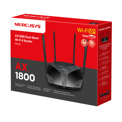 Official red and black retail packaging box of the Mercusys MR70X AX1800 dual-band Wi-Fi 6 router highlighting key smart home features.