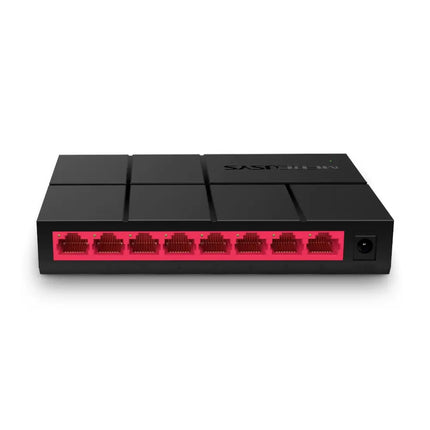 MERCUSYS MS108G eight port ten one-hundred one-thousand Mbps desktop switch in a compact red and black housing.