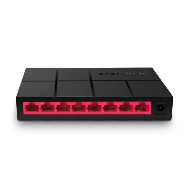 MERCUSYS MS108G eight port ten one-hundred one-thousand Mbps desktop switch in a compact red and black housing.