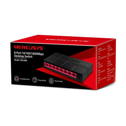 Official retail packaging for the MERCUSYS MS108G eight port ten one-hundred one-thousand Mbps desktop network switch.