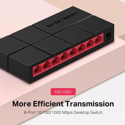 Angled view of the MERCUSYS MS108G gigabit network switch with multiple ethernet cables connected to the high speed RJ45 ports.