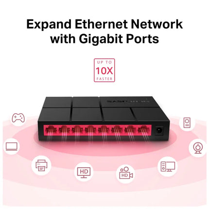 Compact MERCUSYS MS108G eight port desktop switch sitting neatly on a home office desk setup for easy network expansion.