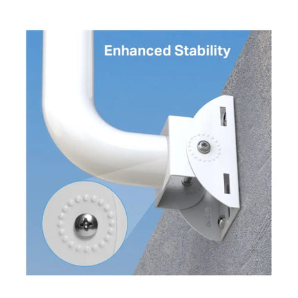 Close-up view of the Omada APM-200 mounting bracket highlighting its 150-degree vertical tilt capability for flexible outdoor antenna alignment.