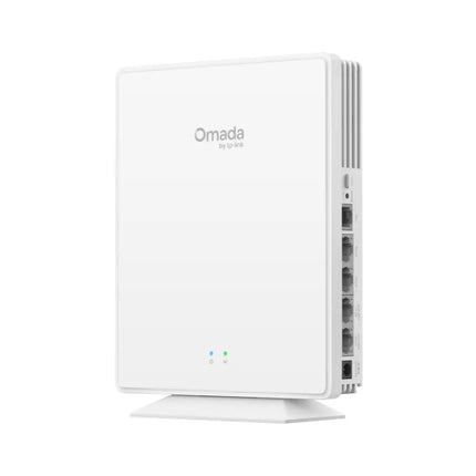 Compact Omada AX3000 Wi-Fi 6 GPON access point mounted on a clean office desk.