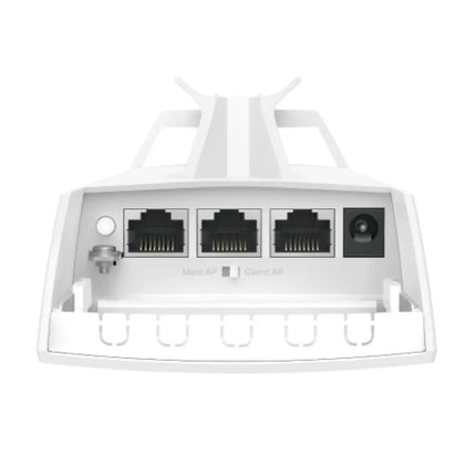 Close-up view of the EAP100-Bridge hardware interface, highlighting the three Fast Ethernet ports and the agile LED signal strength indicators used for app-guided alignment.