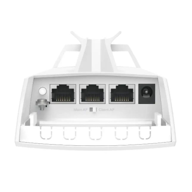 Close-up view of the EAP100-Bridge hardware interface, highlighting the three Fast Ethernet ports and the agile LED signal strength indicators used for app-guided alignment.