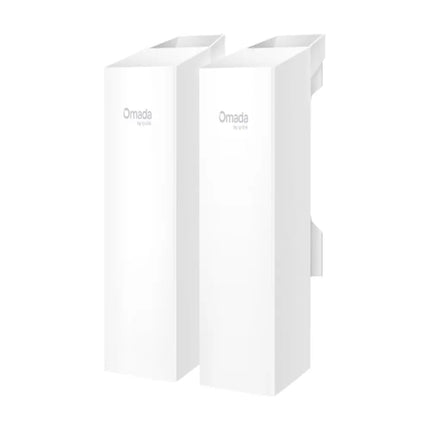 Front view of the TP-Link Omada EAP100-Bridge KIT containing two sleek white outdoor wireless bridge units side by side.