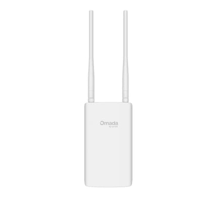Front view of the white Omada EAP603-Outdoor AX1800 Wi-Fi 6 access point showing its sleek weatherproof casing and two external omnidirectional antennas.