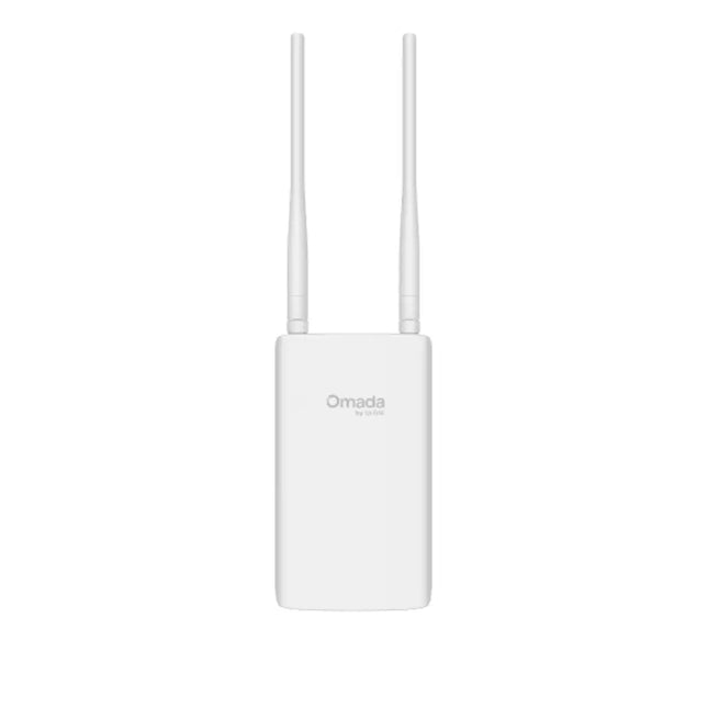 Front view of the white Omada EAP603-Outdoor AX1800 Wi-Fi 6 access point showing its sleek weatherproof casing and two external omnidirectional antennas.