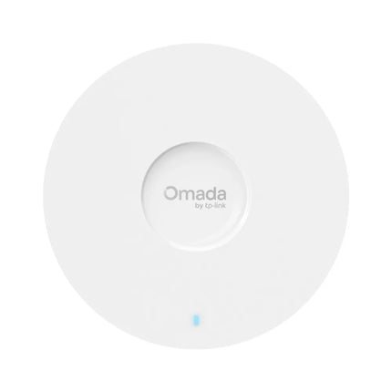 Front view of the Omada EAP610 ceiling mount access point, featuring an ultra-slim, elegant white circular design with the Omada logo at the center.