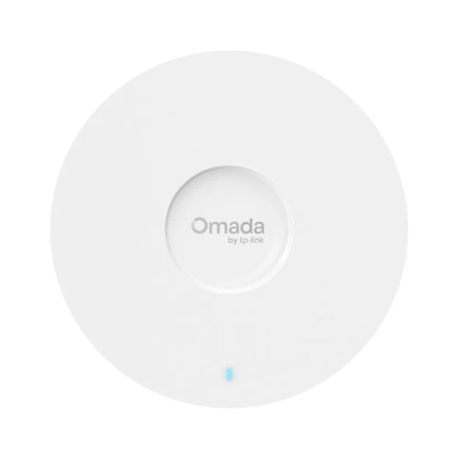 Front view of the Omada EAP610 ceiling mount access point, featuring an ultra-slim, elegant white circular design with the Omada logo at the center.