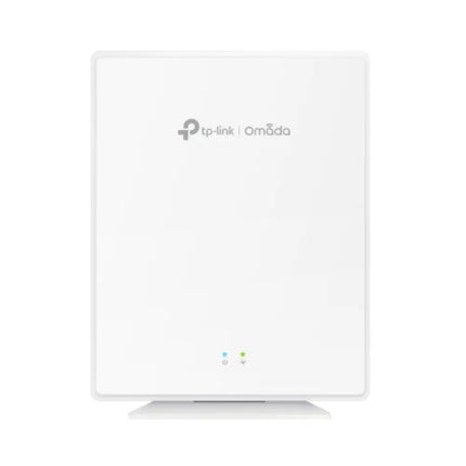 Front view of the TP-Link Omada EAP610GP-Desktop AX1800 Wi-Fi 6 GPON router in white, showing its sleek compact design and status LED indicators.