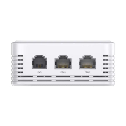 Bottom view of the Omada EAP615GP-Wall access point showing two Gigabit RJ45 LAN ports and an FXS RJ11 port for VoIP telephone lines.