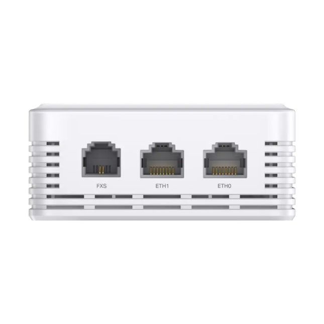 Bottom view of the Omada EAP615GP-Wall access point showing two Gigabit RJ45 LAN ports and an FXS RJ11 port for VoIP telephone lines.