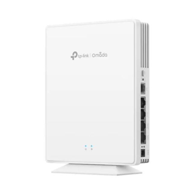 Rear view of the Omada EAP650-Desktop access point showing the Gigabit Ethernet port with PoE+ support, DC power input, and reset button.
