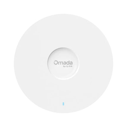 Front view of the Omada EAP670 AX5400 dual-band Wi-Fi 6 access point, featuring a sleek, minimalist white circular housing designed for professional ceiling-mount installation.