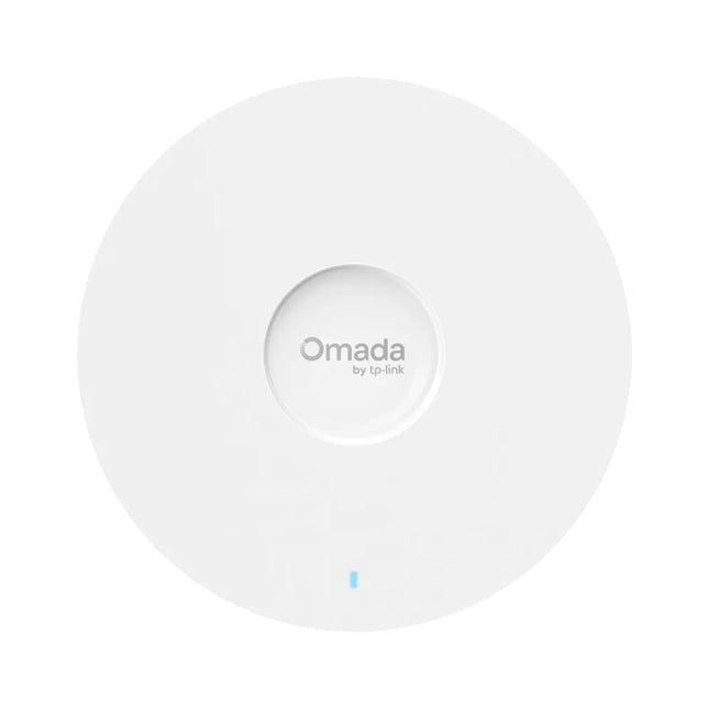 Front view of the Omada EAP670 AX5400 dual-band Wi-Fi 6 access point, featuring a sleek, minimalist white circular housing designed for professional ceiling-mount installation.