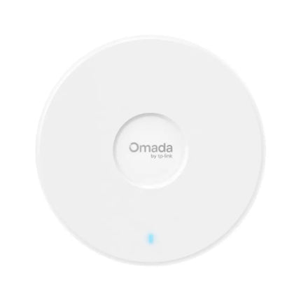 Front perspective view of the sleek, white TP-Link Omada EAP720 BE5000 dual-band Wi-Fi 7 ceiling mount access point.