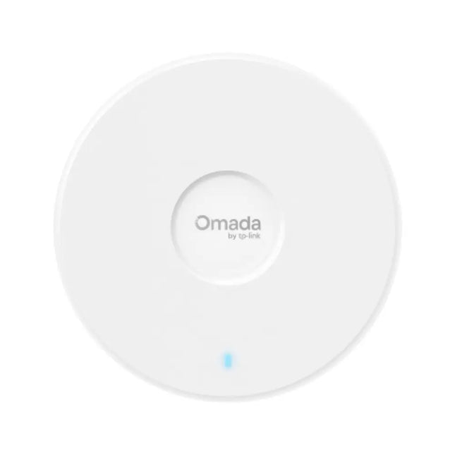 Front perspective view of the sleek, white TP-Link Omada EAP720 BE5000 dual-band Wi-Fi 7 ceiling mount access point.