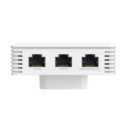 Front angled profile of the white textured Omada EAP725-Wall BE3600 wireless access point unit.