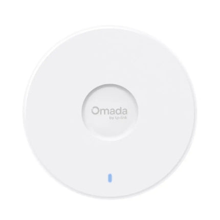 TP-Link Omada EAP727 BE5000 ceiling mount Wi-Fi 7 access point showcasing its sleek, low-profile round white enterprise chassis design.