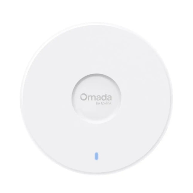 TP-Link Omada EAP727 BE5000 ceiling mount Wi-Fi 7 access point showcasing its sleek, low-profile round white enterprise chassis design.