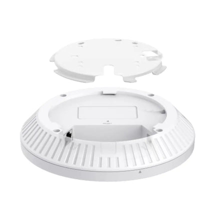 An Omada EAP727 Wi-Fi 7 access point installed on an office T-bar ceiling grid, providing multi-link operation and high-density connectivity for over 500 client devices.