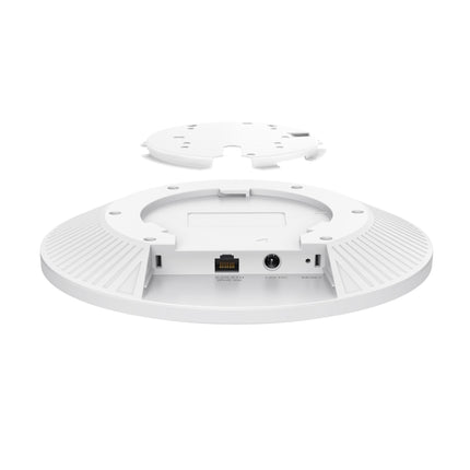 Side angled view of the Omada EAP770 tri-band access point, showcasing its ultra-slim, architectural chassis designed for discreet commercial ceiling mounting.