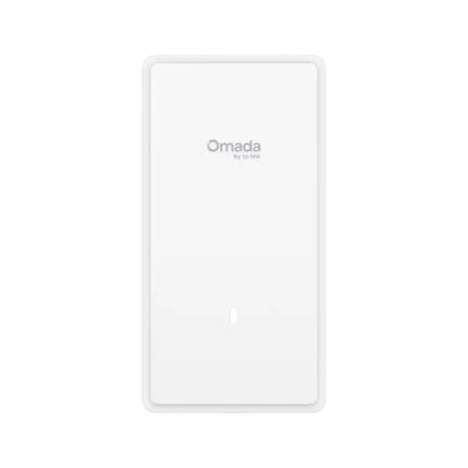 Front view of the sleek, white Omada EAP775-Wall tri-band Wi-Fi 7 access point showcasing its slim wall-plate design.