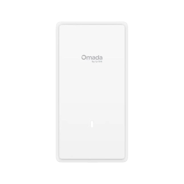 Front view of the sleek, white Omada EAP775-Wall tri-band Wi-Fi 7 access point showcasing its slim wall-plate design.