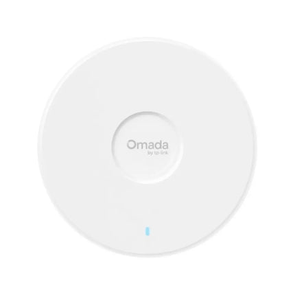 Top-down perspective view of the circular, white TP-Link Omada EAP787 tri-band Wi-Fi 7 enterprise access point featuring a minimal status LED indicator.
