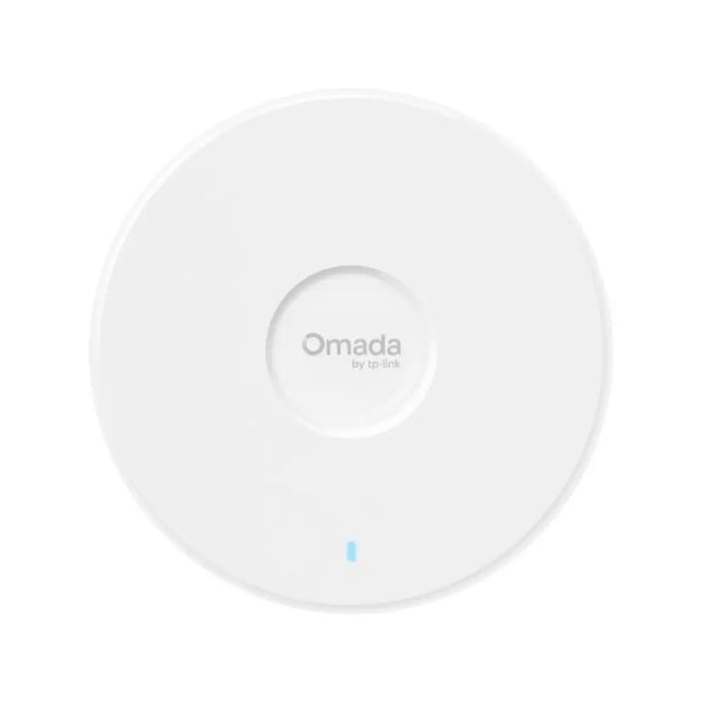 Top-down perspective view of the circular, white TP-Link Omada EAP787 tri-band Wi-Fi 7 enterprise access point featuring a minimal status LED indicator.