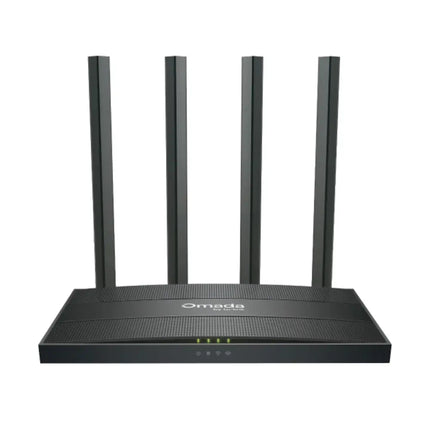 Front view of the TP-Link Omada ER605W AC1200 Gigabit Wi-Fi Gateway featuring a sleek black casing and four high-gain external antennas.