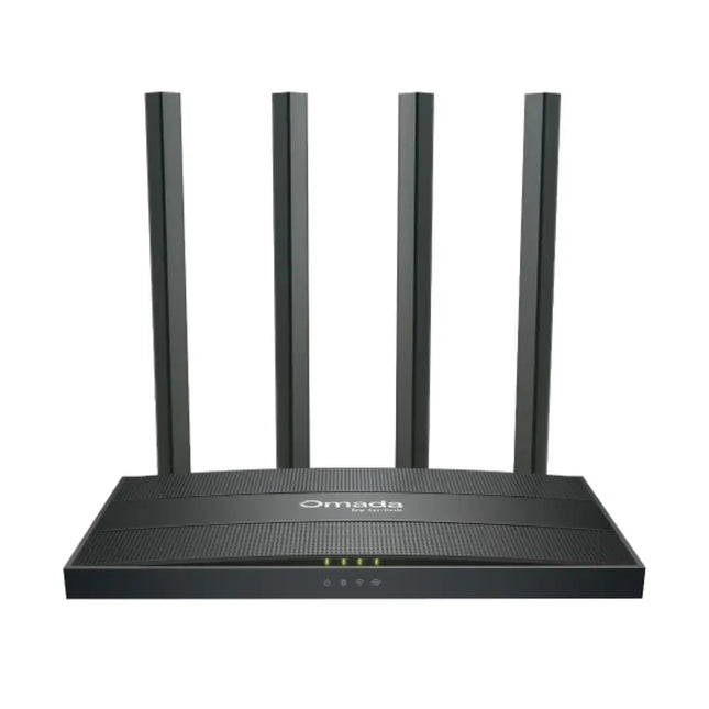 Front view of the TP-Link Omada ER605W AC1200 Gigabit Wi-Fi Gateway featuring a sleek black casing and four high-gain external antennas.