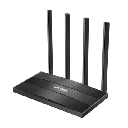 Rear view of the Omada ER605W router showing 5 Gigabit Ethernet ports including 1 WAN port, 2 WAN/LAN ports, 2 LAN ports, and the DC power input.

