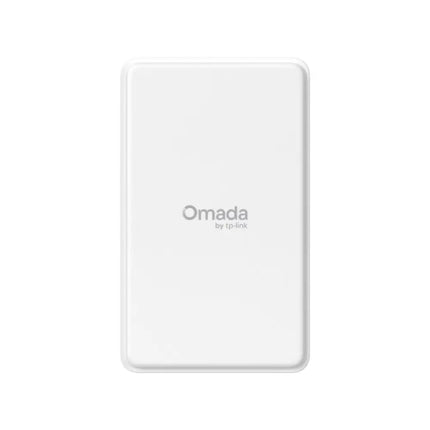 Front view of the white, compact TP-Link Omada ER701-5G-Outdoor gateway router featuring subtle LED signal strength and network status indicators.