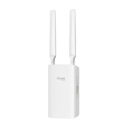 Bottom view of the Omada ER703WP-4G outdoor router showing the waterproof rubber seal protecting the SIM card slot and PoE Ethernet ports.
