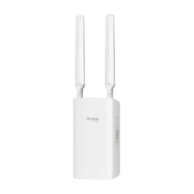 Bottom view of the Omada ER703WP-4G outdoor router showing the waterproof rubber seal protecting the SIM card slot and PoE Ethernet ports.