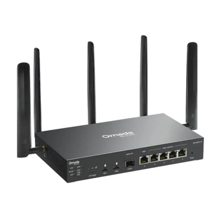 Close-up view of the Omada ER706WP-4G interface showing 4 Gigabit PoE+ ports, 1 Gigabit SFP slot, 1 Gigabit WAN port, and the dual Nano SIM card slots.
