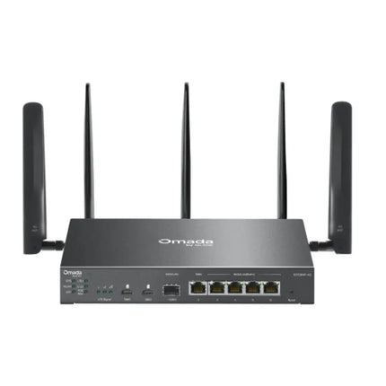 TP-Link Omada ER706WP-4G AX3000 Wi-Fi 6 Gigabit VPN Gateway showing its compact desktop chassis with five high-gain detachable antennas extended.