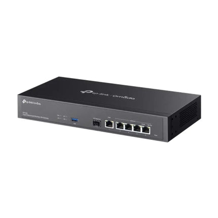 Close-up view of the front panel on the Omada ER7406 wired router highlighting the high-speed SFP+ slots, multiple RJ45 WAN/LAN ports, and USB console interface.