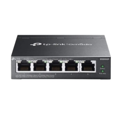 Front view of the TP-Link Omada ES205GP 5-port gigabit easy managed switch showing four PoE plus ports and LED indicator lights.