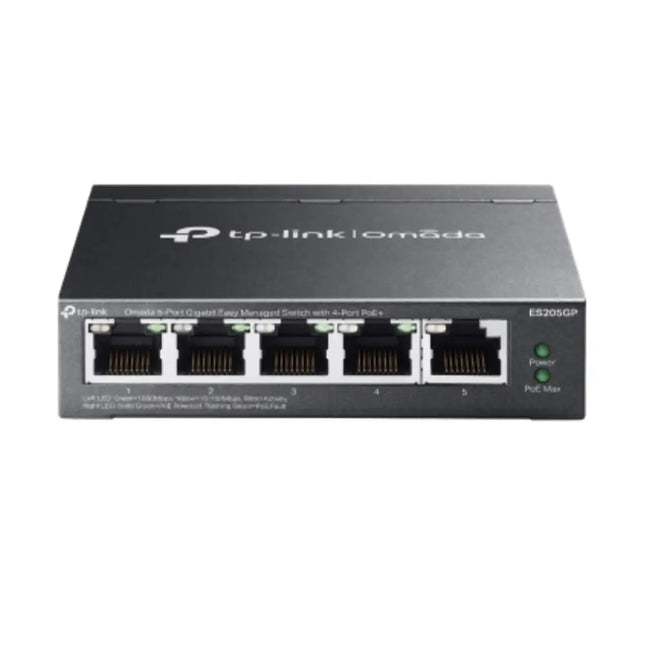 Front view of the TP-Link Omada ES205GP 5-port gigabit easy managed switch showing four PoE plus ports and LED indicator lights.