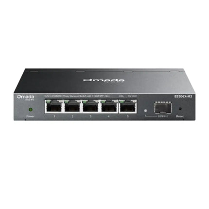 Front view of the Omada ES206X-M2 network switch highlighting five 2.5 Gbps RJ45 ports and one 10 Gbps SFP+ slot in a durable gray metal casing.