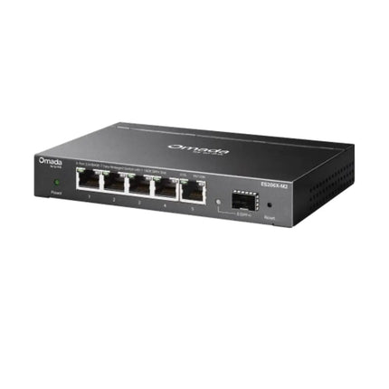 An application diagram showing the Omada ES206X-M2 switch connecting high-performance devices including a Wi-Fi 7 access point, NAS server, and gaming PC.