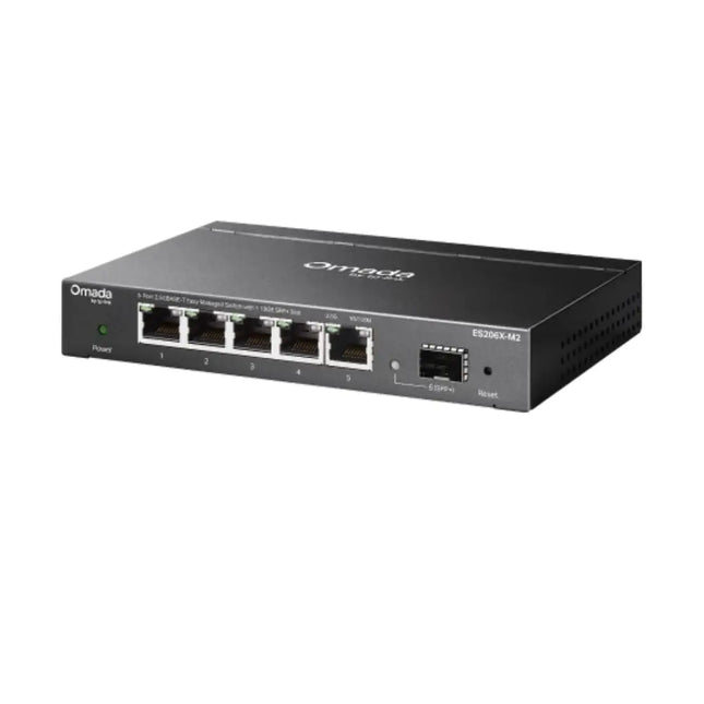 An application diagram showing the Omada ES206X-M2 switch connecting high-performance devices including a Wi-Fi 7 access point, NAS server, and gaming PC.