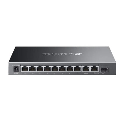 Front view of the black Omada ES210GMP easy managed network switch, showcasing 8 Gigabit PoE+ ports, 1 standard Gigabit RJ45 port, and 1 SFP/RJ45 combo port.